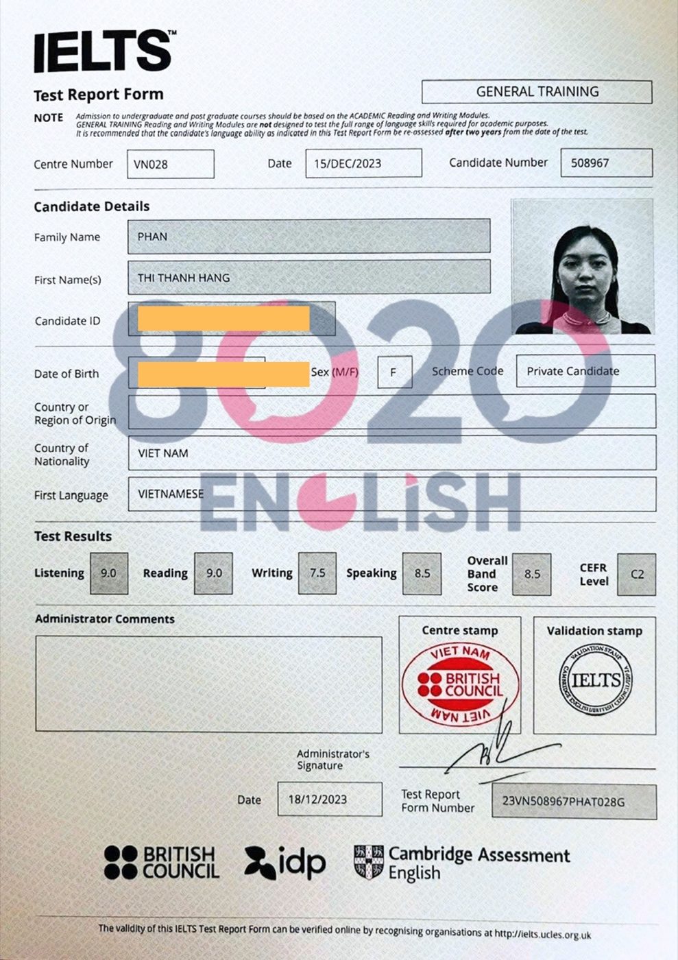 Bảng điểm IELTS 8.5 của học viên 8020