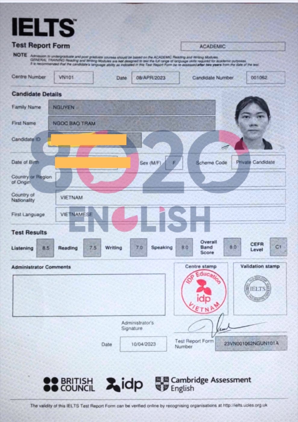 Bảng điểm IELTS học viên 2