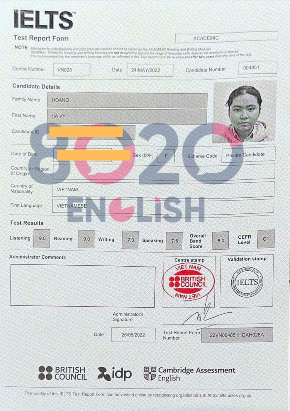 Bảng điểm IELTS học viên 4