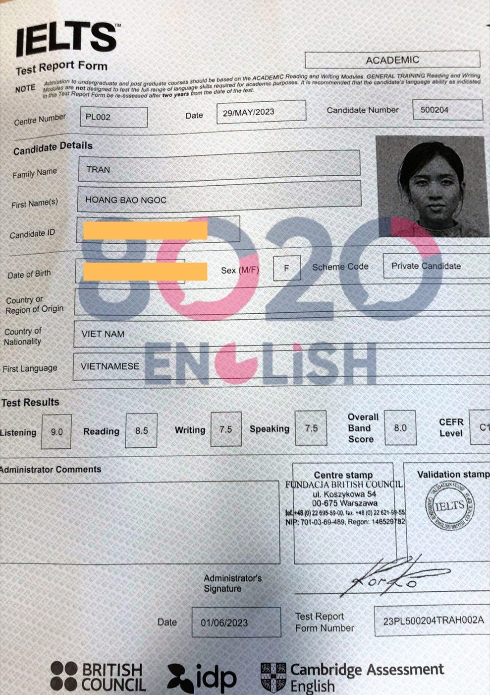 Bảng điểm IELTS học viên 5